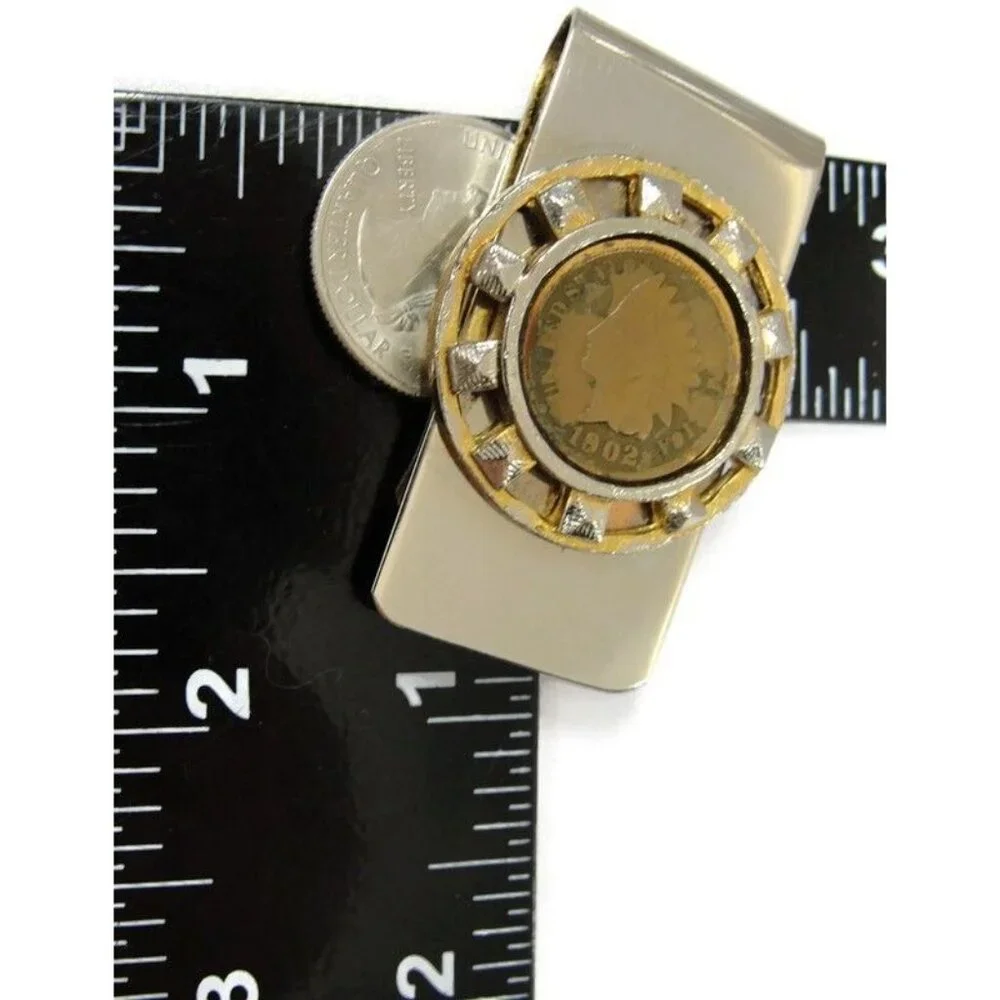 Vintage 1902 Indian Head Penny Silver and Gold Tone Money Clip Men